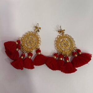 Gold Filigree Drop Earrings with Red Tassels
